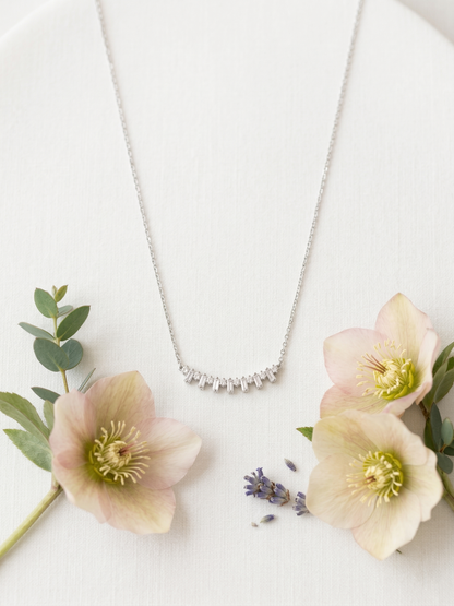 Elegant Silver-Tone Baguette Crystal Curve Bar Chain Pendant