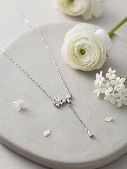 Elegant Silver-Tone Floral Drop Chain Pendant with Sparkling Crystal Accents