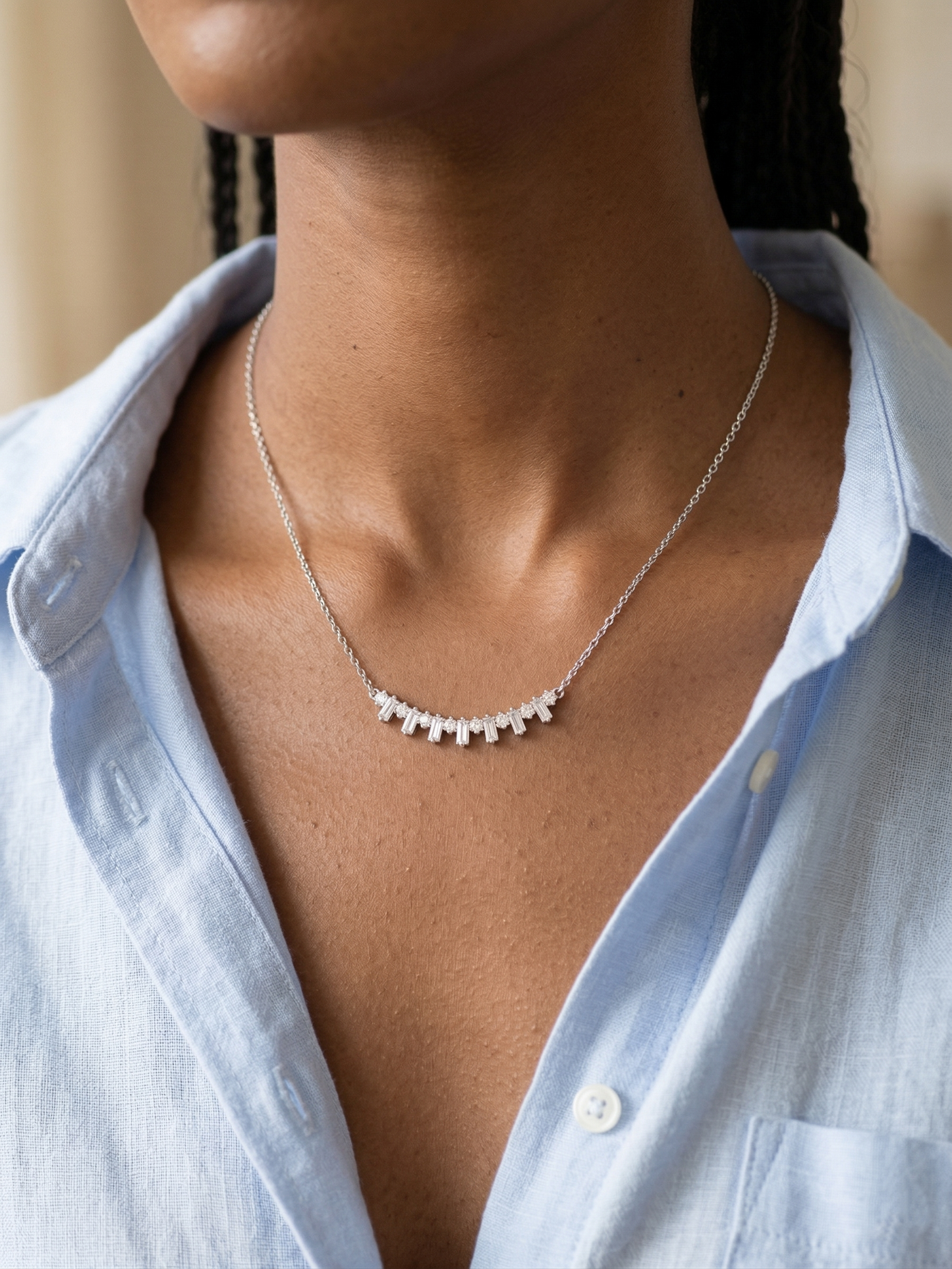 elegant silver-tone baguette crystal curve bar chain pendant