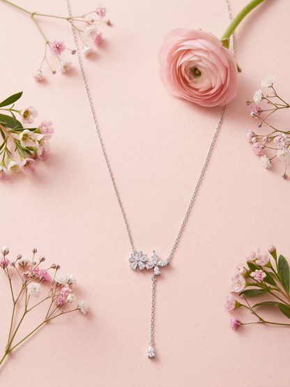 Elegant Silver-Tone Floral Drop Chain Pendant with Sparkling Crystal Accents