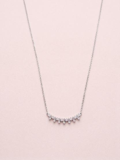 Elegant Silver-Tone Baguette Crystal Curve Bar Chain Pendant
