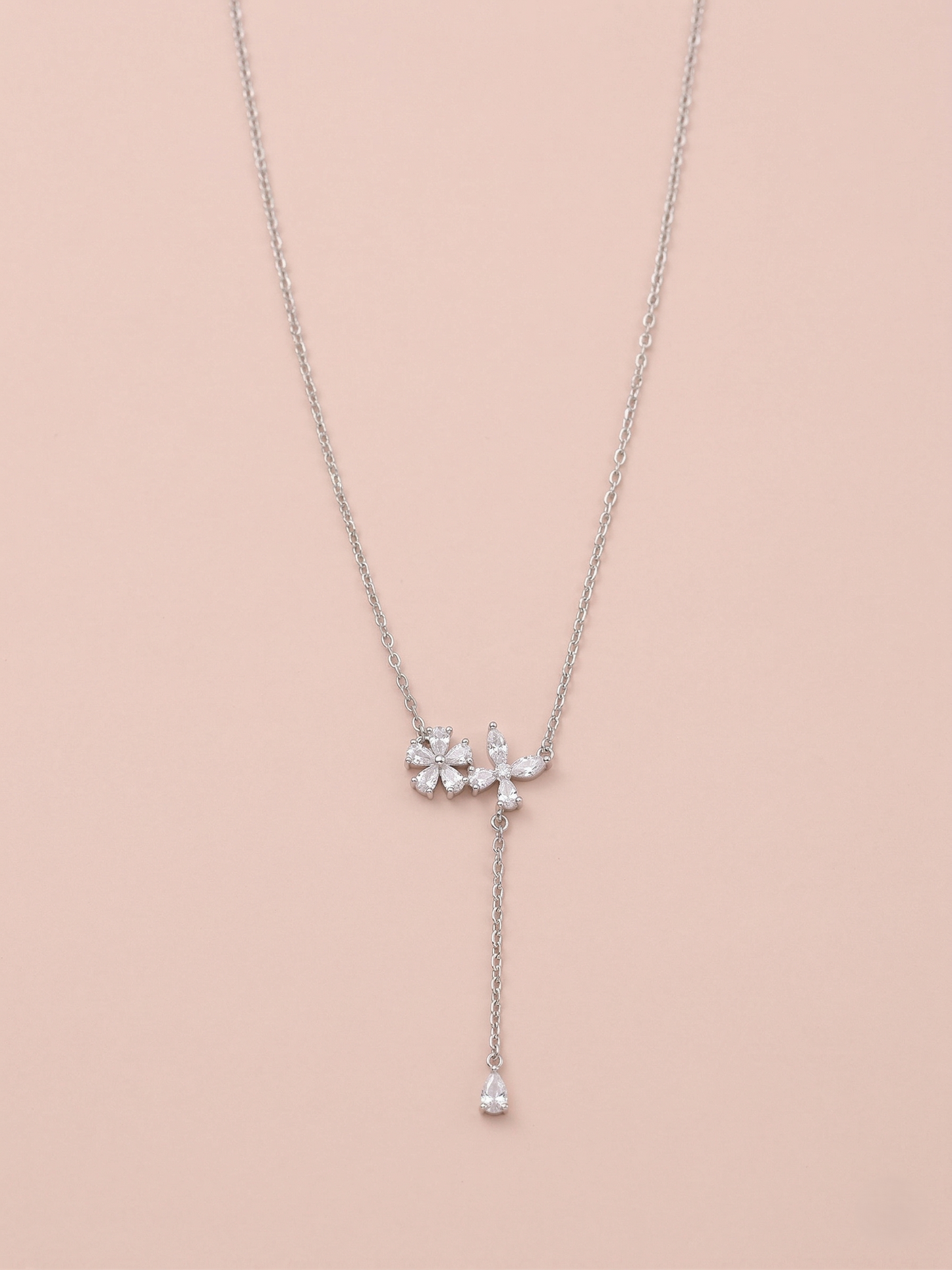 elegant silver-tone floral drop chain pendant with sparkling crystal accents