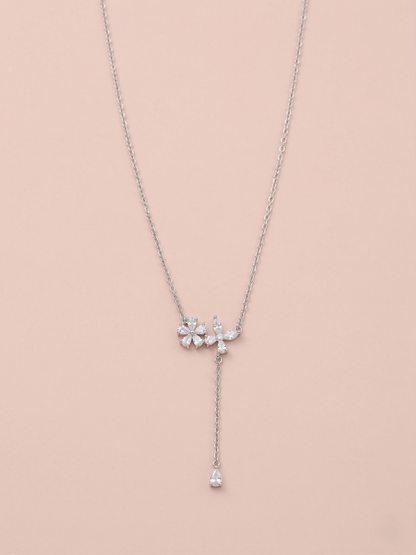 Elegant Silver-Tone Floral Drop Chain Pendant with Sparkling Crystal Accents