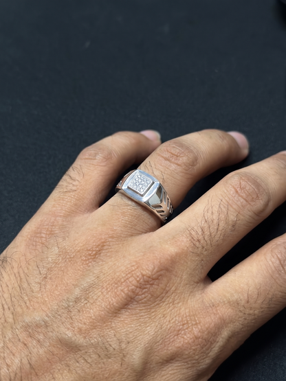 Geometric Pavé-Square Sterling Silver Signet Ring