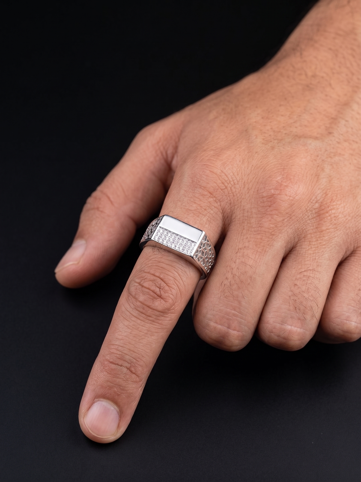 architectural pavé-split sterling silver signet ring