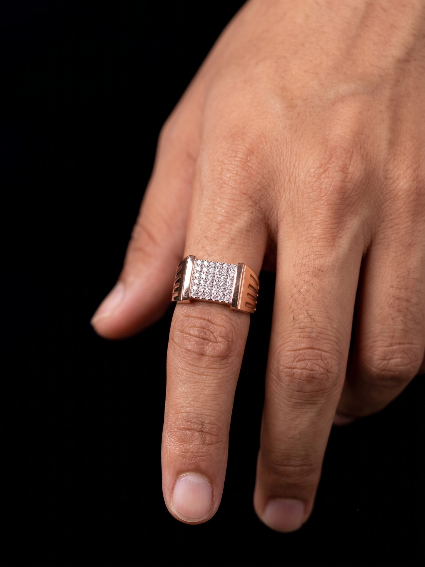 architectural pavé-encrusted rose gold-finished signet ring
