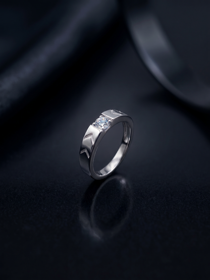 Geometric Chevron-Accented Sterling Silver Solitaire Band