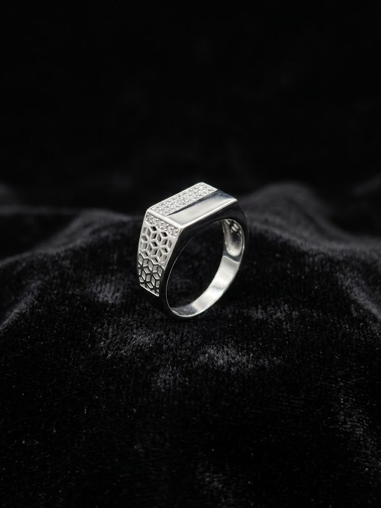 architectural pavé-split sterling silver signet ring