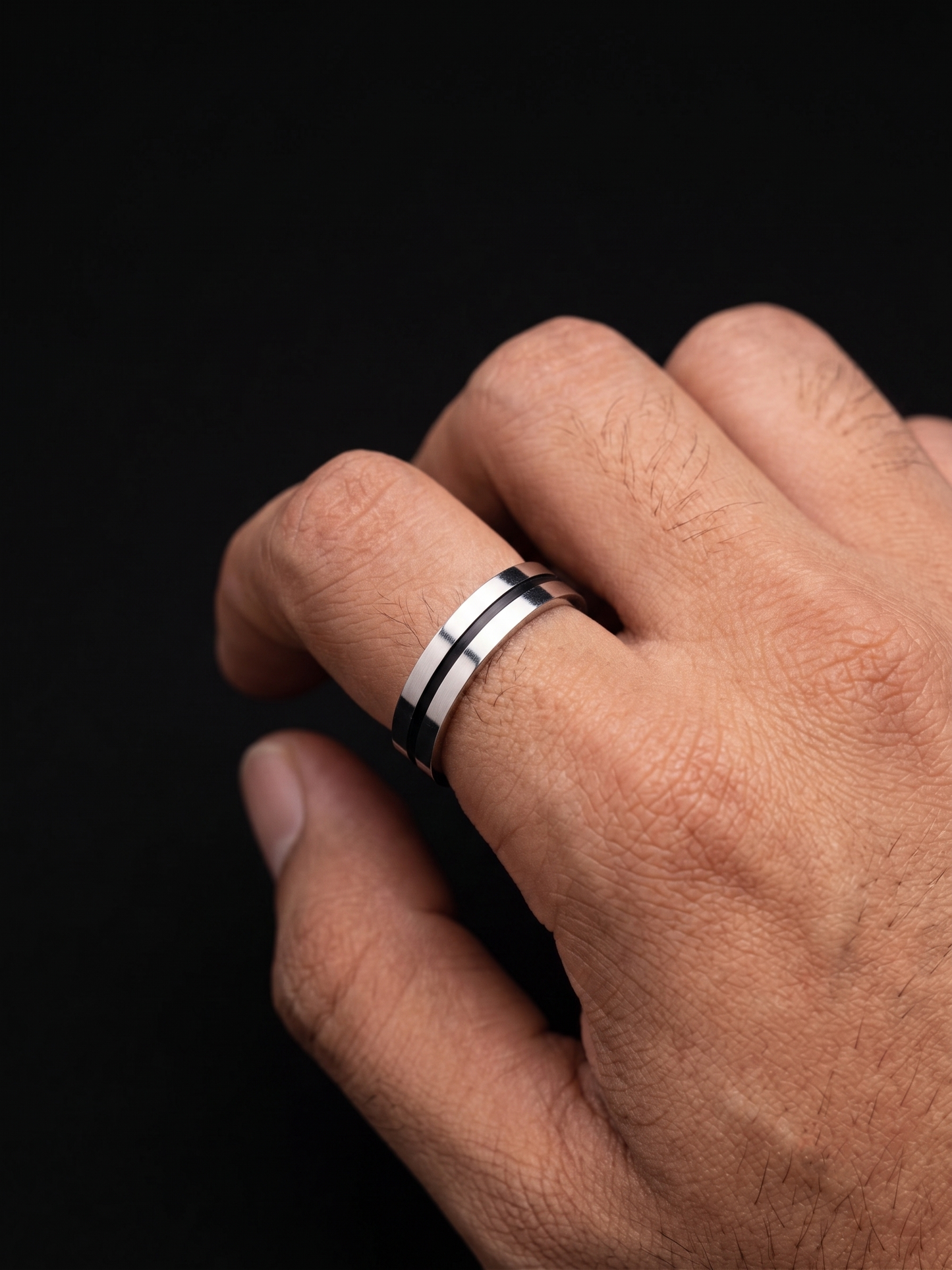 sleek dual-tone grooved sterling silver band
