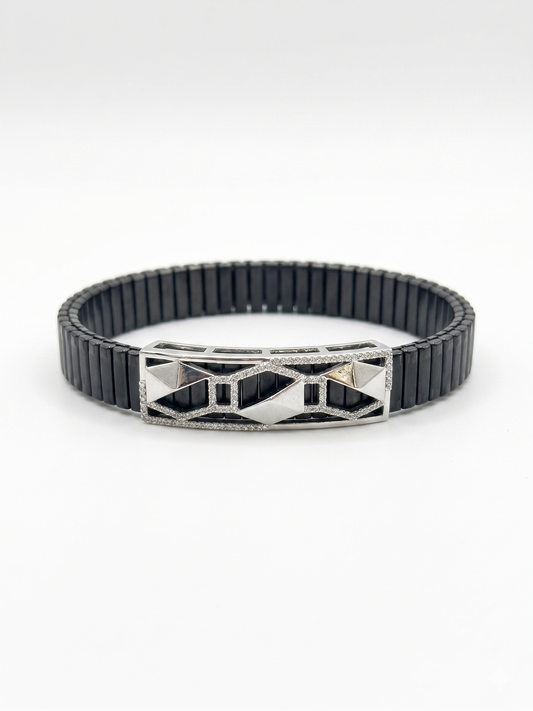 Geometric Pavé-Accented Black Strap Bracelet