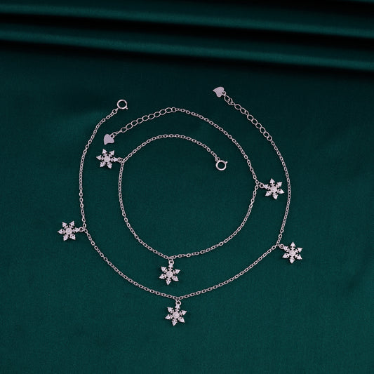 Sparkling Snowflake Drop Dangle Anklet in 92.5 Sterling Silver