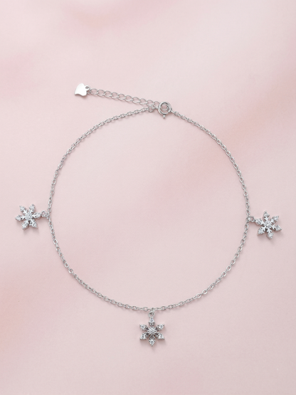 Sparkling Snowflake Drop Dangle Anklet in 92.5 Sterling Silver