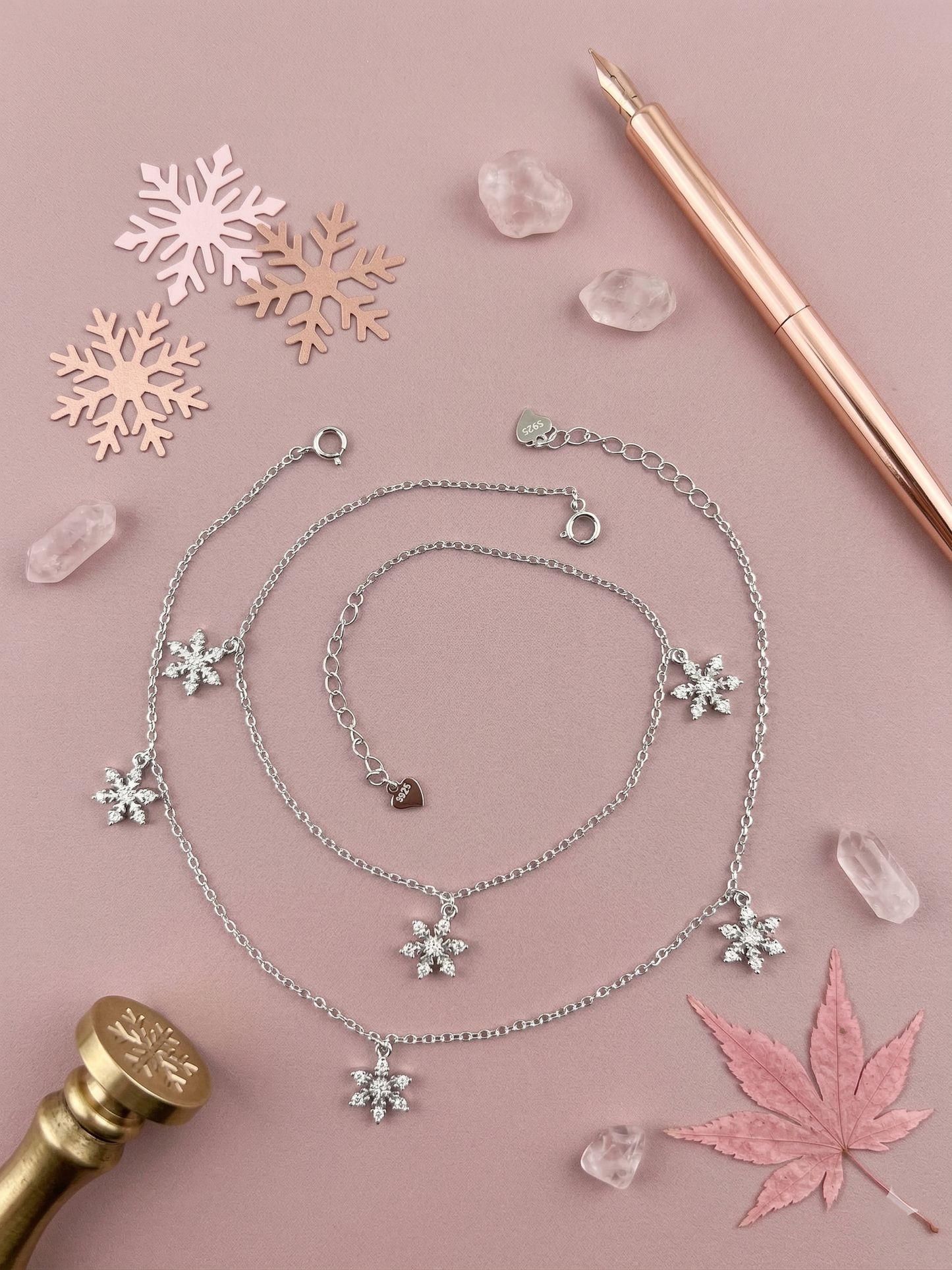 sparkling snowflake drop dangle anklet in 92.5 sterling silver