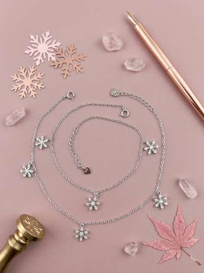 Sparkling Snowflake Drop Dangle Anklet in 92.5 Sterling Silver