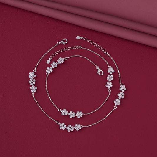Delicate Floral Charm Anklet in 92.5 Sterling Silver