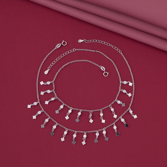 Charming Clover Drop Dangle Anklet in 92.5 Sterling Silver