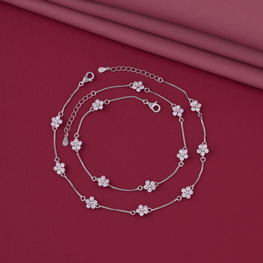 Sparkling Floral Link Anklet in 92.5 Sterling Silver