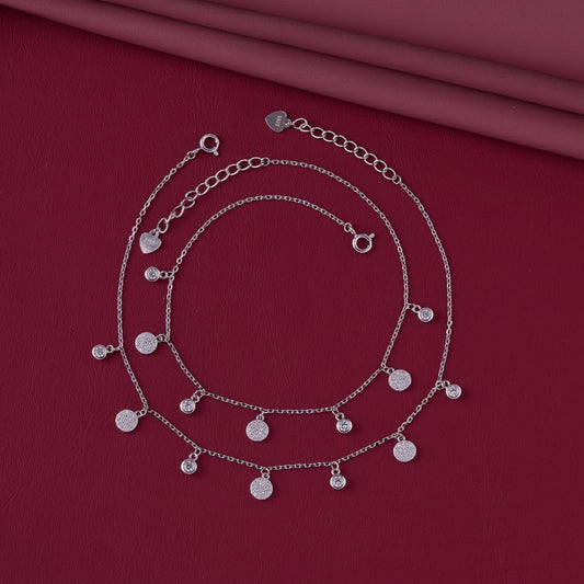Triple Layer CZ Disc Charm Dangle Anklet in 92.5 Sterling Silver