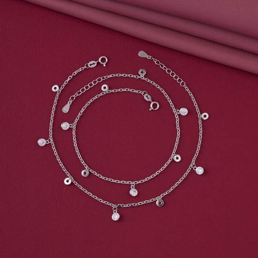 Layered CZ Bezel & Disc Charm Dangle Anklet in 92.5 Sterling Silver