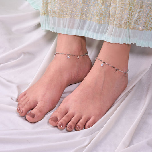Layered CZ Bezel & Disc Charm Dangle Anklet in 92.5 Sterling Silver