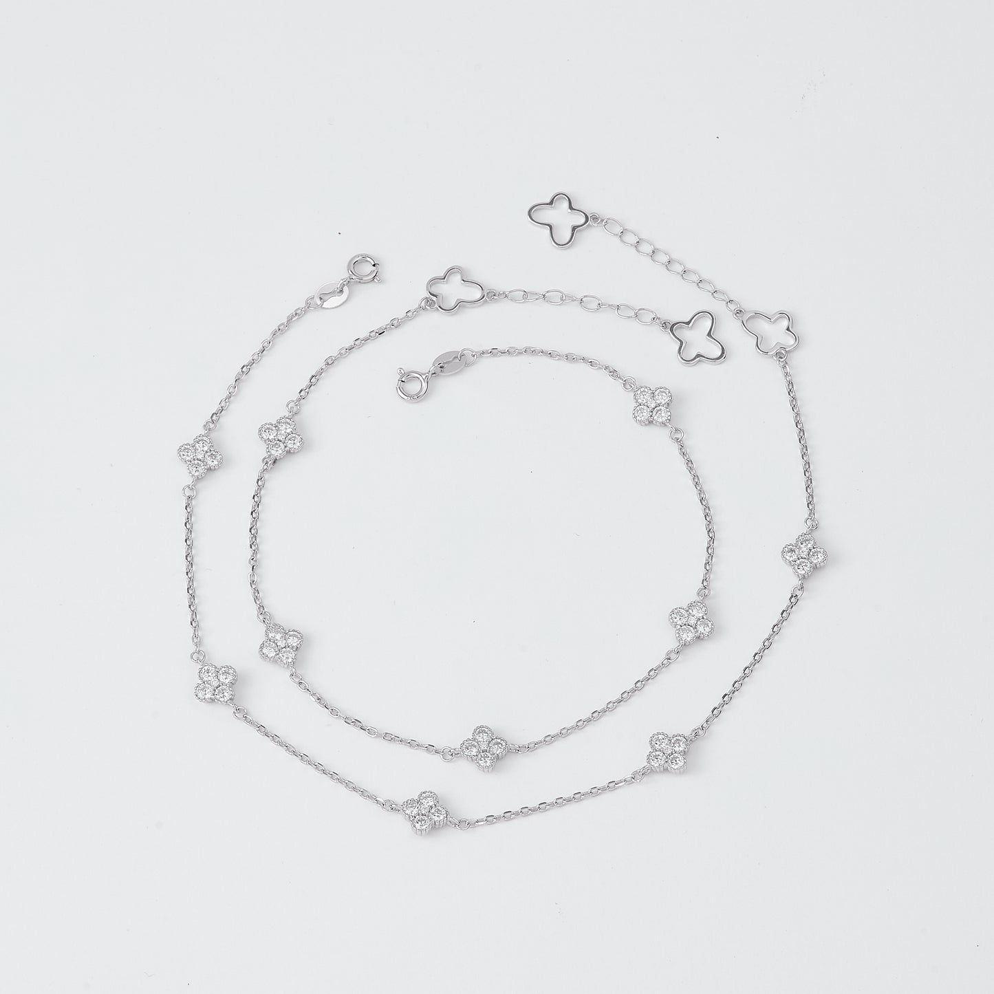 layered clover & cz floral charm dangle anklet in 92.5 sterling silver