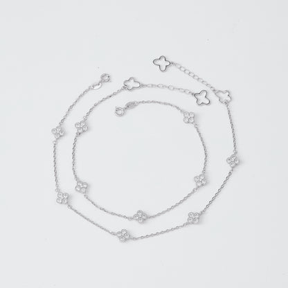 Layered Clover & CZ Floral Charm Dangle Anklet in 92.5 Sterling Silver