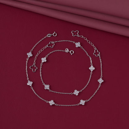 Layered Clover & CZ Floral Charm Dangle Anklet in 92.5 Sterling Silver