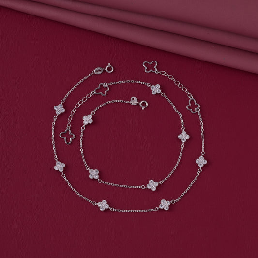 Layered Clover & CZ Floral Charm Dangle Anklet in 92.5 Sterling Silver