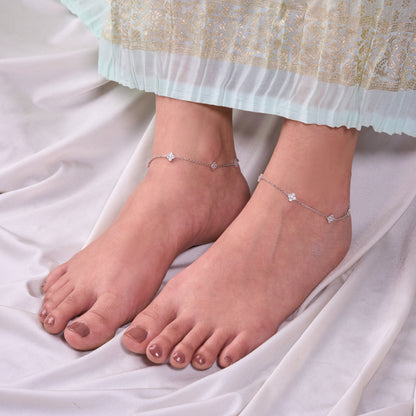 Layered Clover & CZ Floral Charm Dangle Anklet in 92.5 Sterling Silver