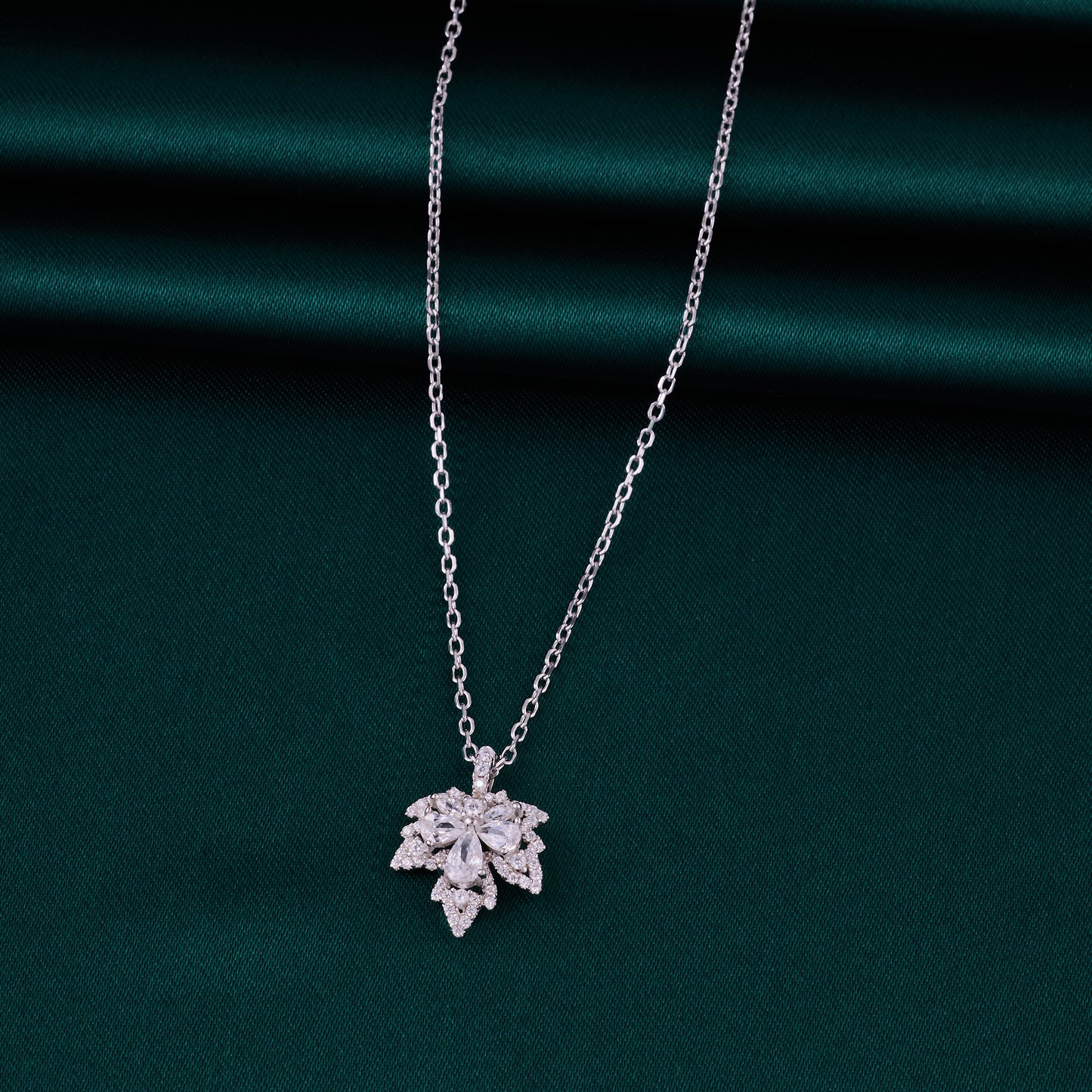 elegant silver-tone leaf bloom crystal chain pendant
