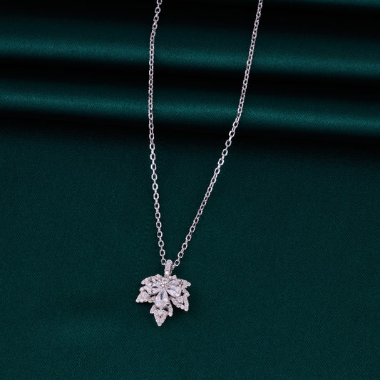 Elegant Silver-Tone Leaf Bloom Crystal Chain Pendant