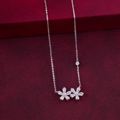 Elegant Twin Floral CZ Pendant Chain in 92.5 Sterling Silver