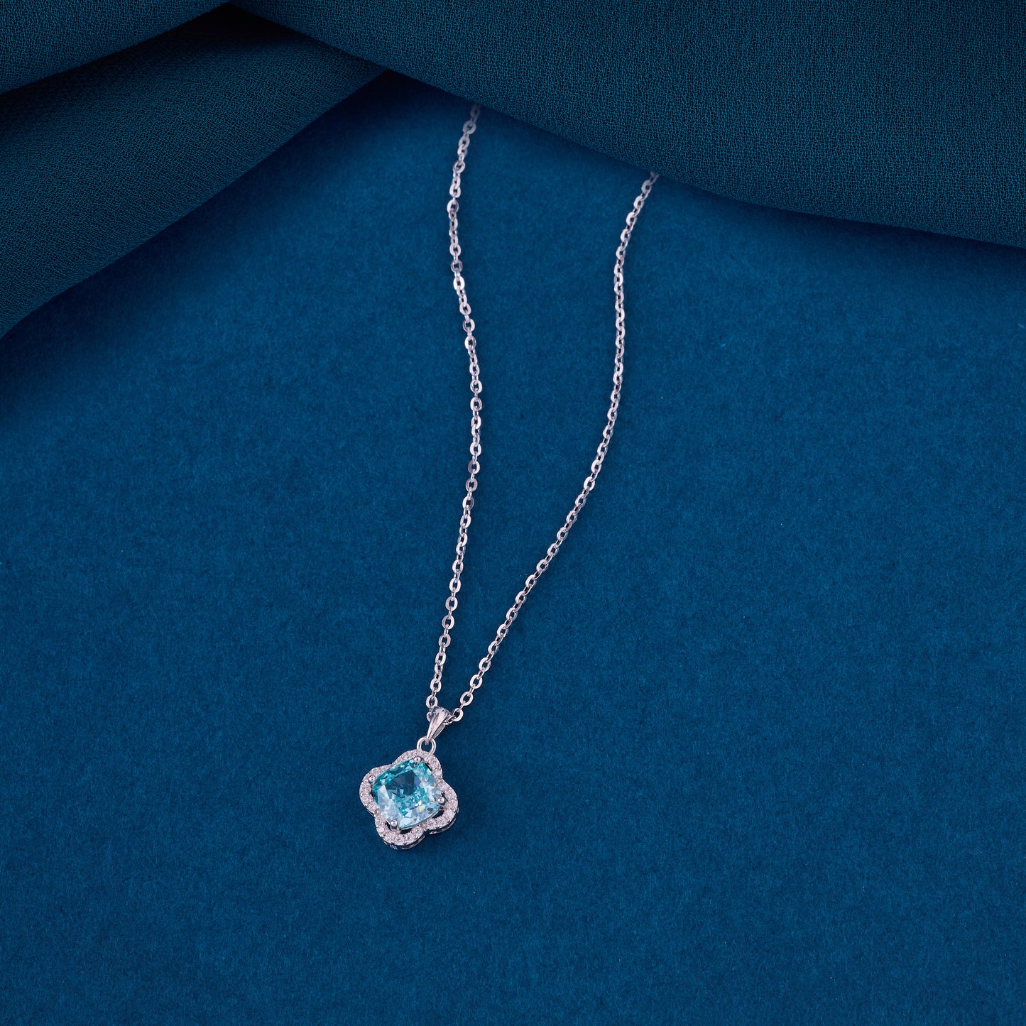 minimalist blue cushion-cut cz pendant chain in 92.5 sterling silver