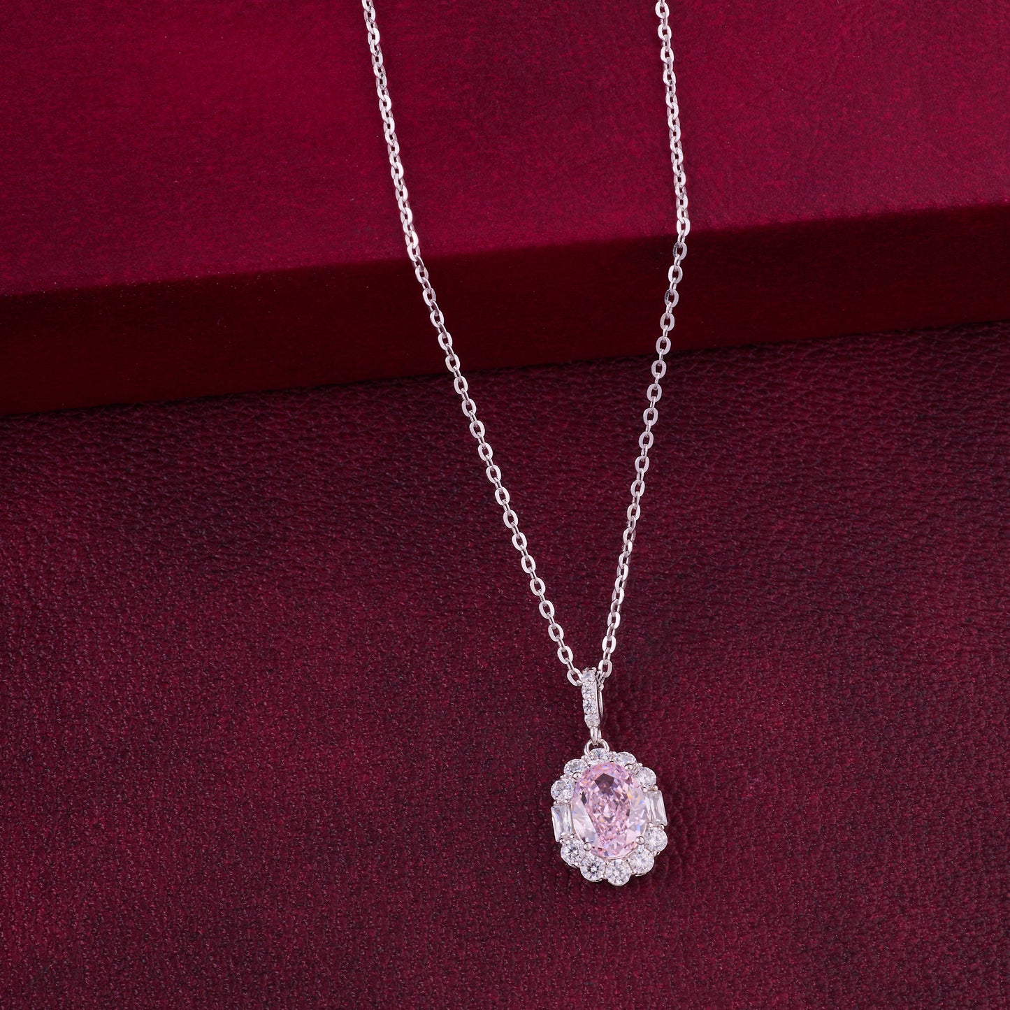 elegant pink oval halo cz pendant necklace in 92.5 sterling silver