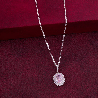 Elegant Pink Oval Halo CZ Pendant Necklace in 92.5 Sterling Silver
