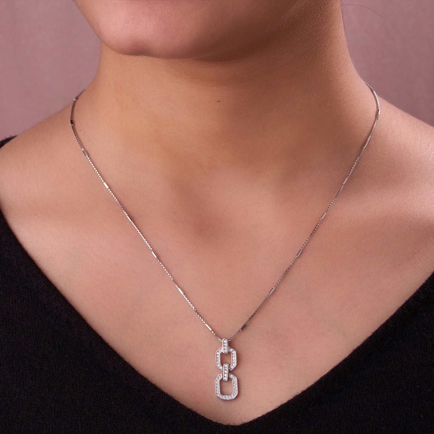 stylish double link cz chain pendant necklace in 92.5 sterling silver