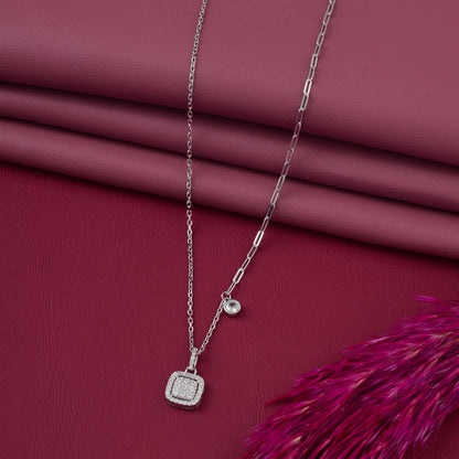 Chic Dual Chain CZ Square Charm Pendant Necklace in 92.5 Sterling Silver