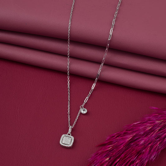 Chic Dual Chain CZ Square Charm Pendant Necklace in 92.5 Sterling Silver