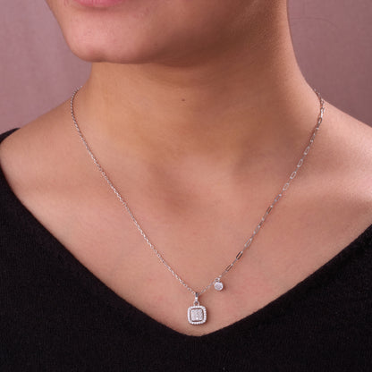Chic Dual Chain CZ Square Charm Pendant Necklace in 92.5 Sterling Silver