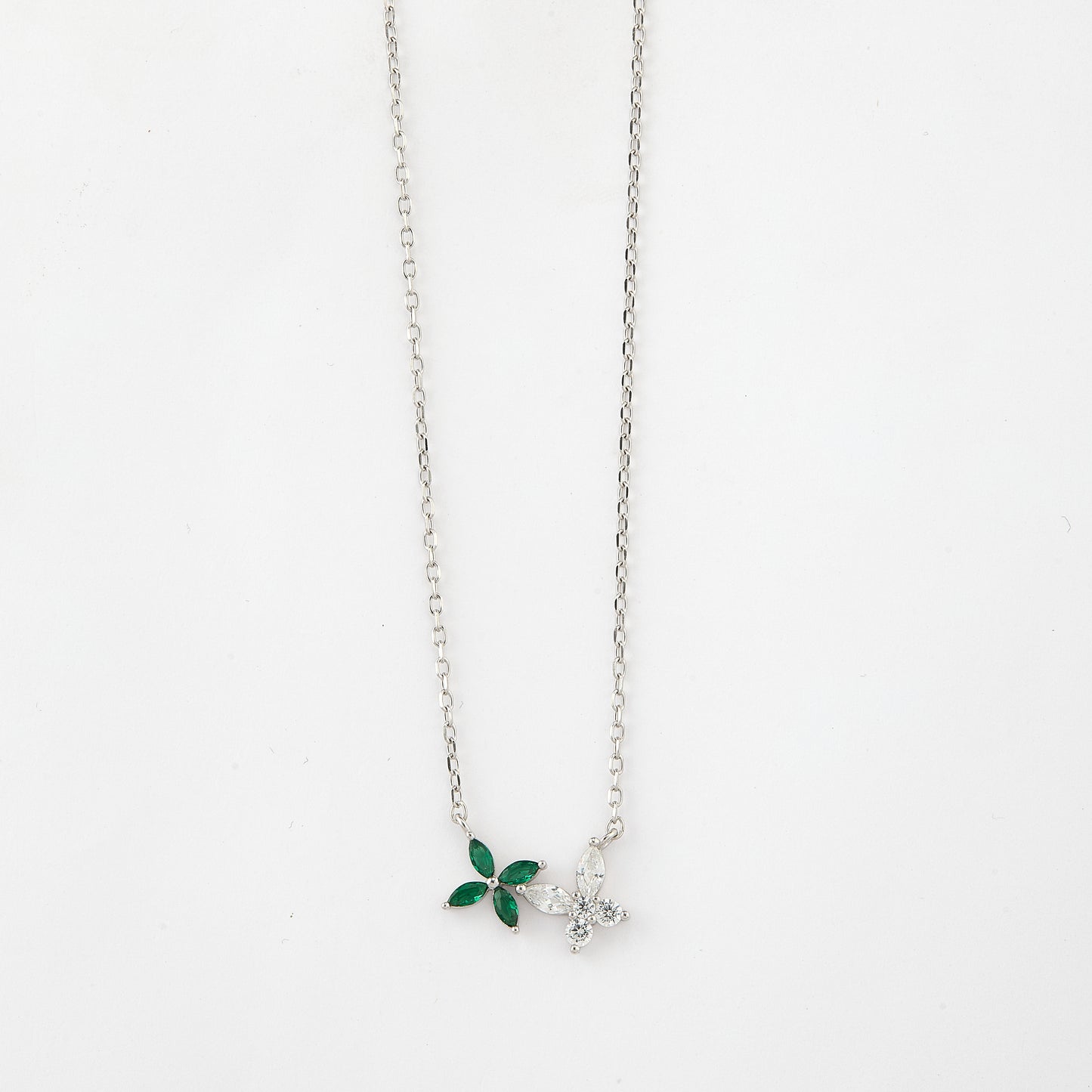 delicate dual butterfly green & white cz pendant necklace in 92.5 sterling silver