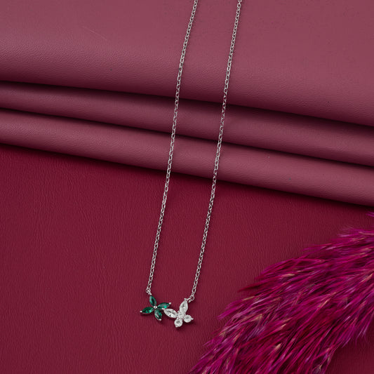 Delicate Dual Butterfly Green & White CZ Pendant Necklace in 92.5 Sterling Silver