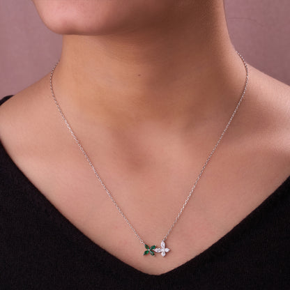 Delicate Dual Butterfly Green & White CZ Pendant Necklace in 92.5 Sterling Silver