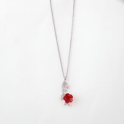 Elegant Red Floral Leaf Pendant Necklace in 92.5 Sterling Silver