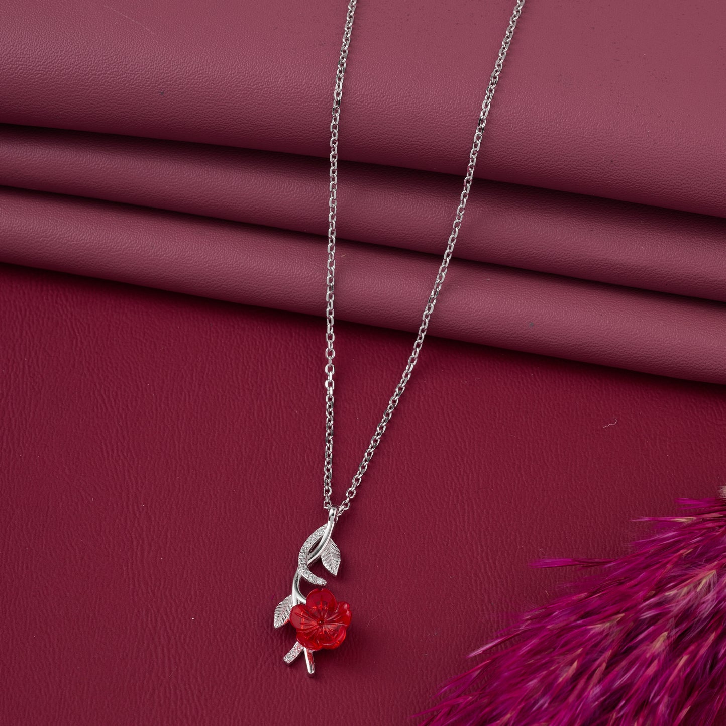 elegant red floral leaf pendant necklace in 92.5 sterling silver