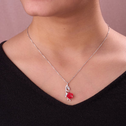 Elegant Red Floral Leaf Pendant Necklace in 92.5 Sterling Silver