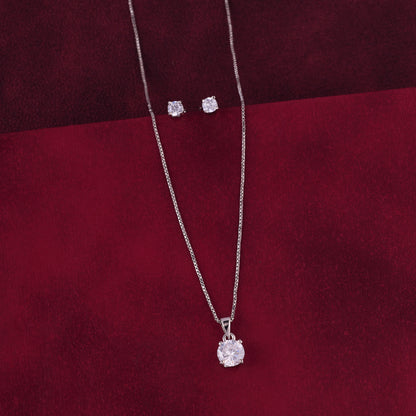 Elegant Silver-Tone Solitaire Crystal Pendant Necklace with Matching Stud Earrings Set