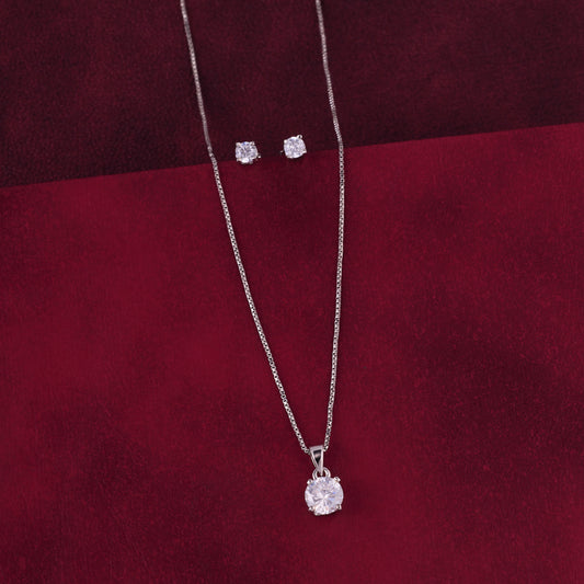 Elegant Silver-Tone Solitaire Crystal Pendant Necklace with Matching Stud Earrings Set