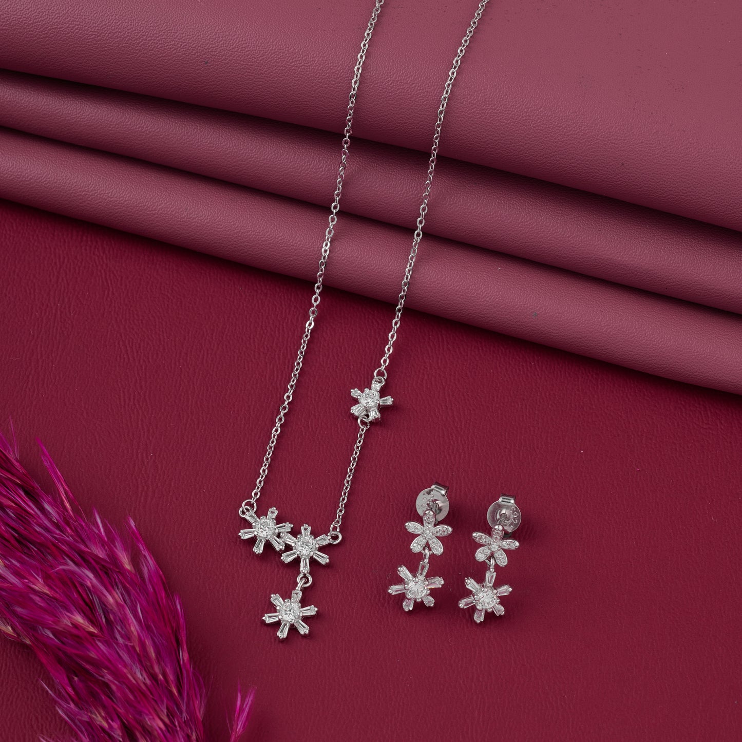 elegant snowflake cz pendant necklace with matching earrings in 92.5 sterling silver