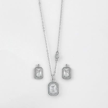 Elegant Emerald-Cut CZ Pendant Necklace with Matching Stud Earrings in 92.5 Sterling Silver