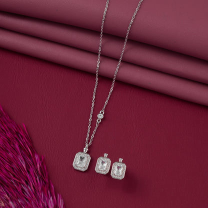 Elegant Emerald-Cut CZ Pendant Necklace with Matching Stud Earrings in 92.5 Sterling Silver
